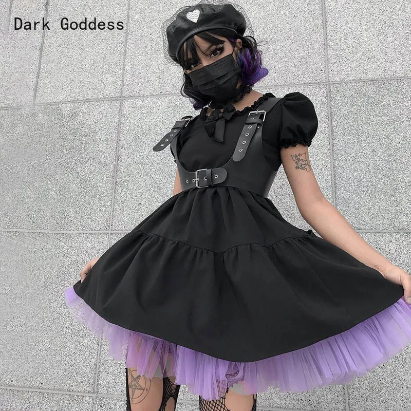 Japonijos Lolita Princess Black, Gothic Seksuali Mini Bad Girl Dress Kawaii Aukšto Juosmens Sluoksniuotos Rankovėmis Raukiniai, Nėriniai Balta Šalies Moterų Apdaras