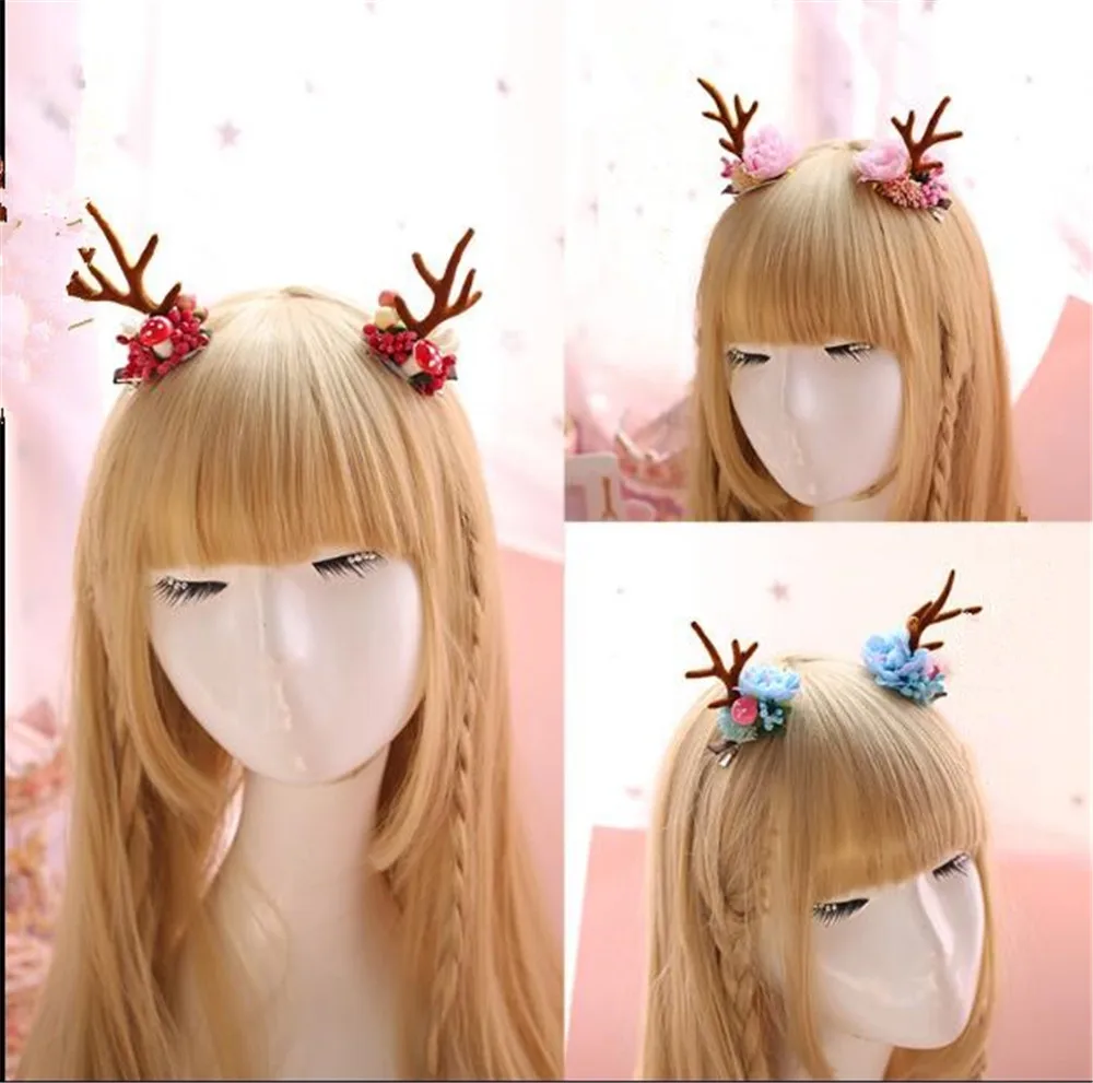 Kawaii Lolita Girl elnių ragai Gėlių Dizaino galvos Apdangalai Kalėdų Vakarėlį Moterų Mielas Pusėje Įrašą Plaukų Aksesuarai B903