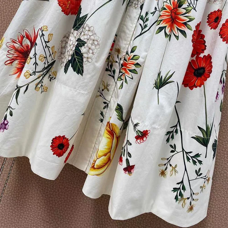 Medvilnės moterų kokybės suknelė kilimo ir tūpimo tako pavasario suknelė su diržo 2021 naujas moterų baltos spalvos gėlių spausdinti suknelė