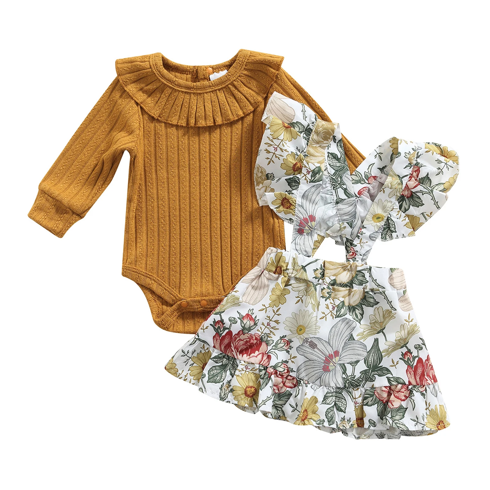 0-24M Baby Girl Viršūnes Sijonas Kostiumas, ilgomis Rankovėmis Apvalios Kaklo Mezgimo Marškinėliai Gėlių Aukšto Juosmens Suspender Suknelė