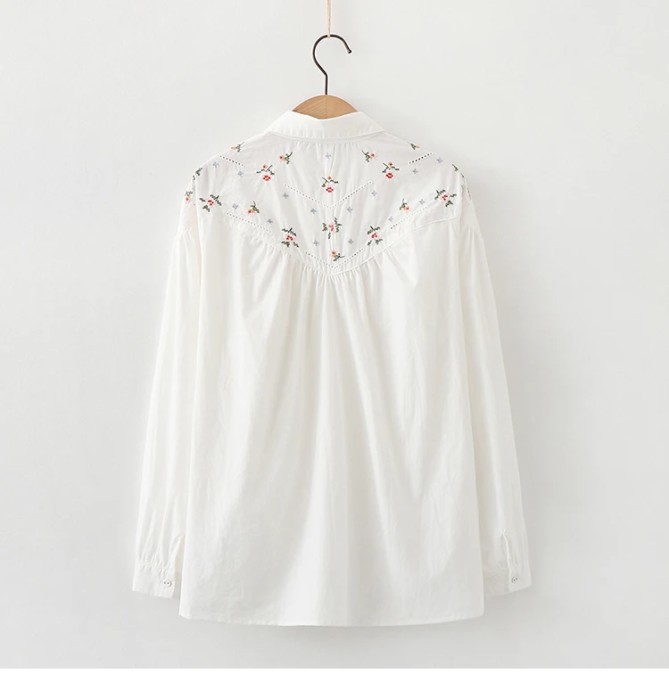 2020 Gėlių siuvinėjimas pledas baltas medvilnės ilgomis rankovėmis marškinėliai palaidinė mori mergina