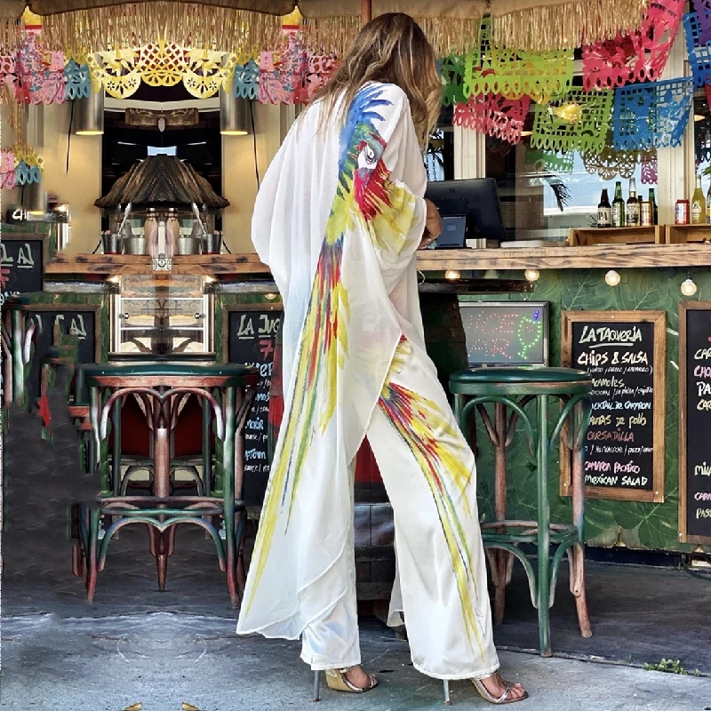 2022 Boho Papūga Spausdinti Bikini Suknelė Baltos Spalvos Šifono Tunika Plus Size Ilgai Kimono Moterų Paplūdimio Drabužiai Plaukti Kostiumas Suknelės A875