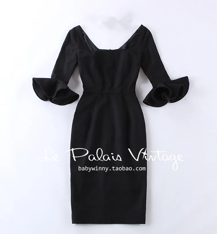 45 - žiemos derliaus 50s vilnos kvadratinių kaklo ruffles rankovėmis kraipyti pieštuku suknelė juoda pinup vestidos elegantiškas plius dydis suknelės