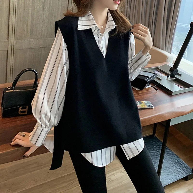 [EWQ] Korėja Elegantiškos moters Paprastas Atsitiktinis Dryžuotas Marškinėliai Dviejų dalių Komplektas Pavasarį, Rudenį Naujų Plonas Top Moterų Mados 2022 16E4184