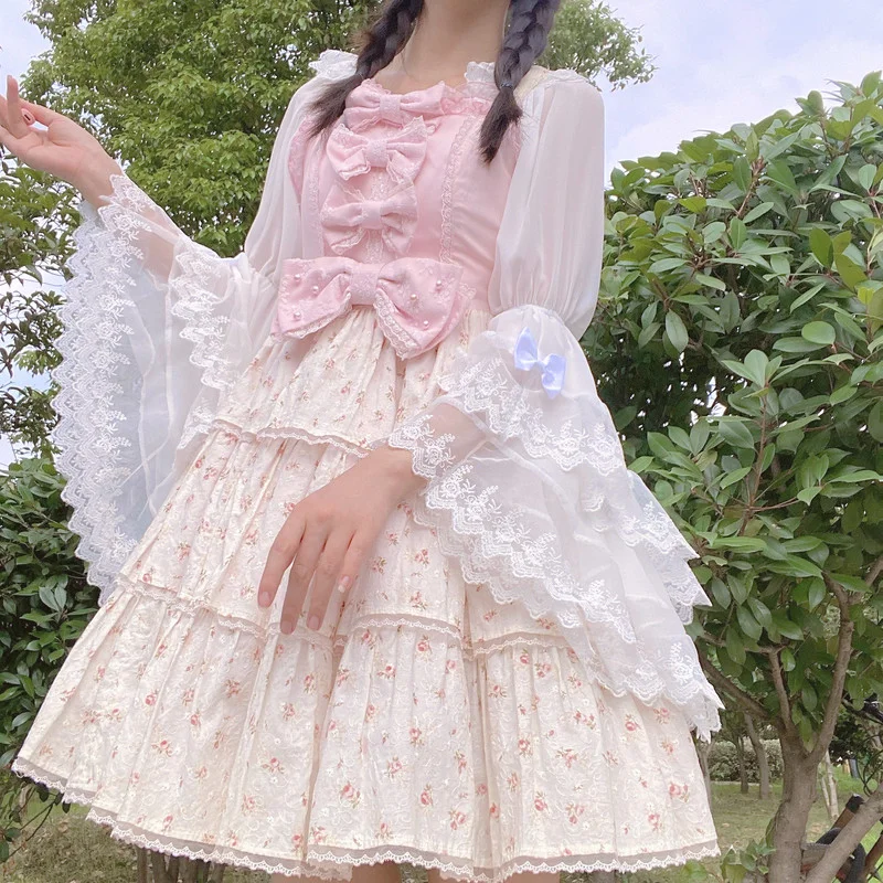 Harajpoo Moterų Marškinėliai Japonijos Minkštas Girl Lolita Šifono Vasarą, Rudenį Plonas Nėrinių Užsiliepsnojo Ilgomis Rankovėmis Y2k Atsitiktinis Kawaii Mados Viršūnes