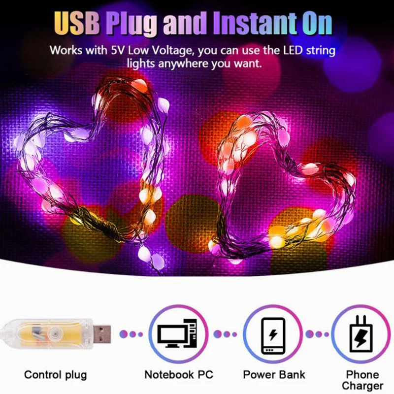 LED Eilutės Žibintai Varinės Vielos Apšvietimas RGB Kalėdų Medžio Apdaila Žibintai USB Nuotolinio Valdymo Vestuves Apdaila Žibintai