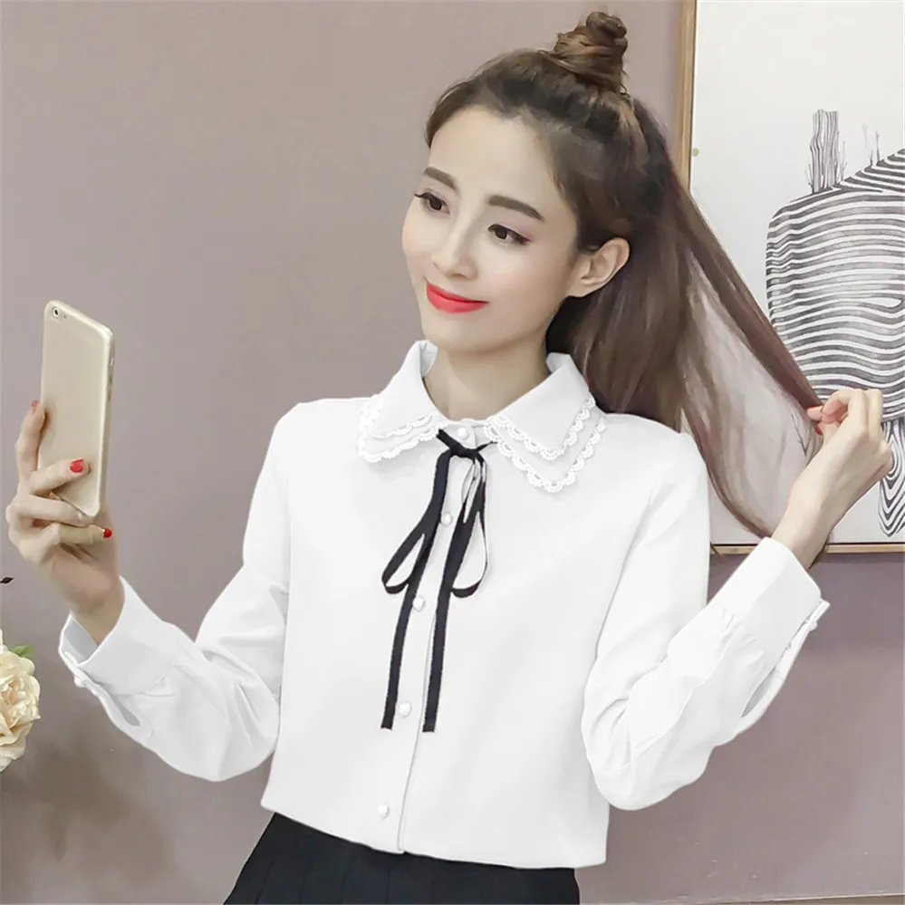 Marškinėliai Moterų Plius Dydis Lankas Ilgomis Rankovėmis Korėjos Stiliaus Laisvalaikio Viena Breasted Mygtuką Elegantiška Vintage Laisvalaikio Šifono Palaidinės Womens