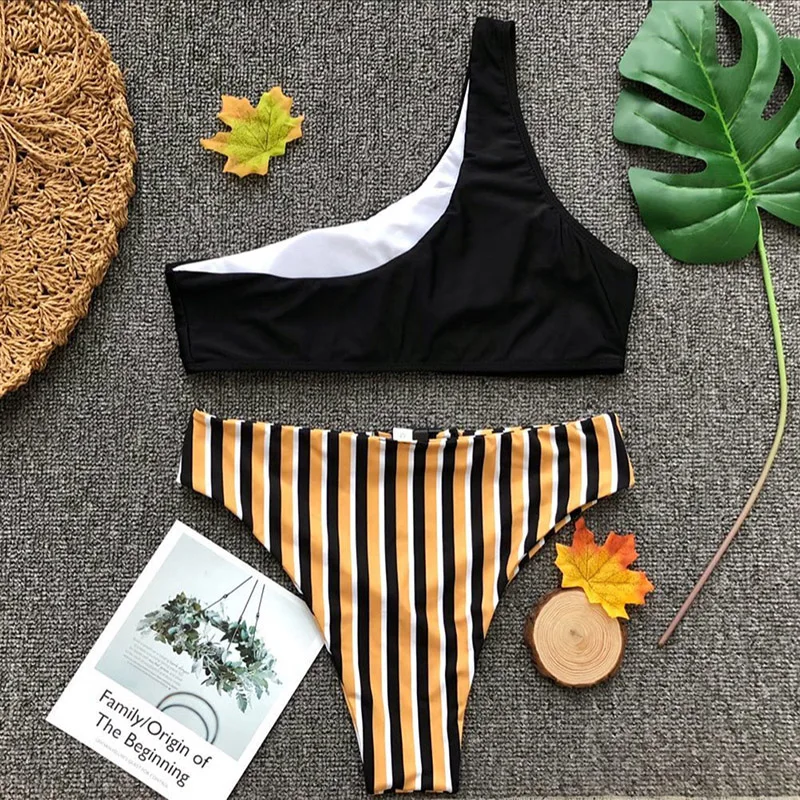 Maudymosi kostiumėliai moterims, dryžuotas Seksualus Vieną Petį maudymosi kostiumėlį Aukštos Sumažinti Brazilijos Thong Bikini Moterims Bikini Komplektas Aukšto Juosmens Bikini Biquini