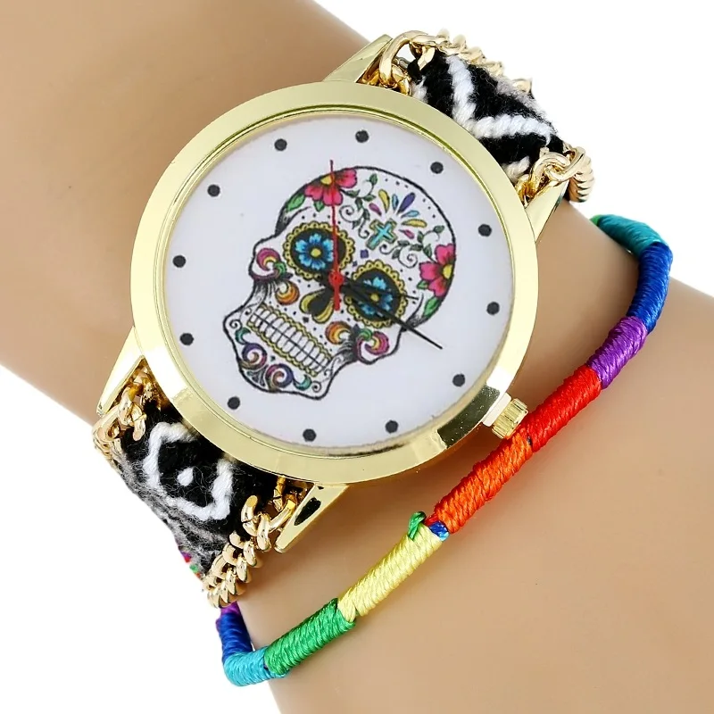 Moteris Žiūrėti MEKSIKOS Kaukolė moters suknelė laikrodį Mados Hipių Audinio Apyrankę Skeletas reloj dama Ženevos Stilius