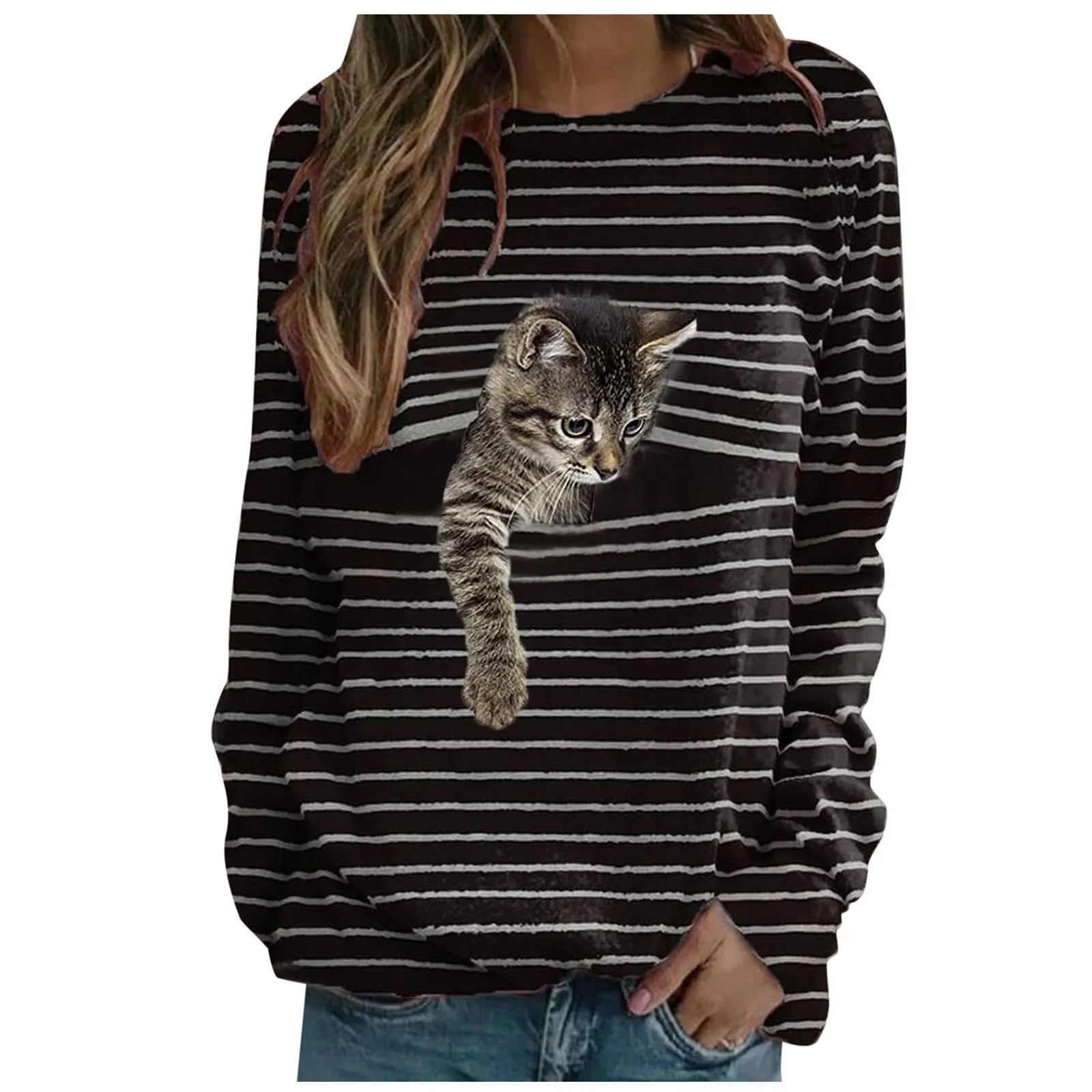 Moterų 3d Gyvūnų Spausdinti Marškinėliai Prarasti Juostele ilgomis rankovėmis Blusas Negabaritinių katė Sudurti Moteriška Tunika Viršūnes Harajuku 2021 Drabužiai