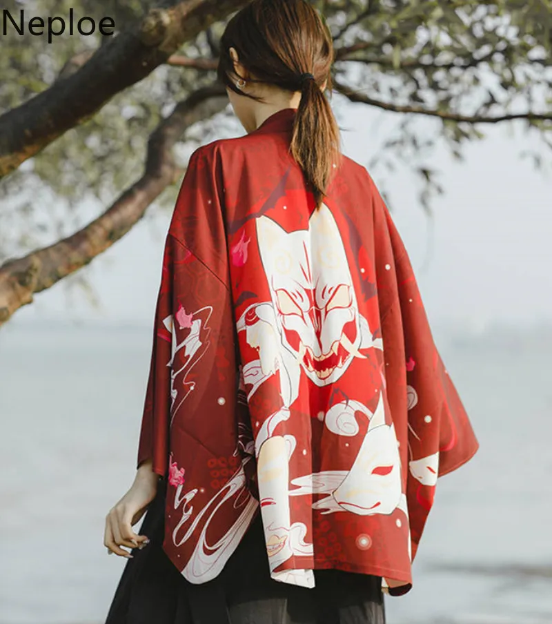Neploe Harajuku Cardigan Vasarą Moterys Japonų Kimono Derliaus Spausdinti Šikšnosparnių Rankovėmis Atsitiktinis Palaidų Cardigan Palaidinė Lady Chimono 39002