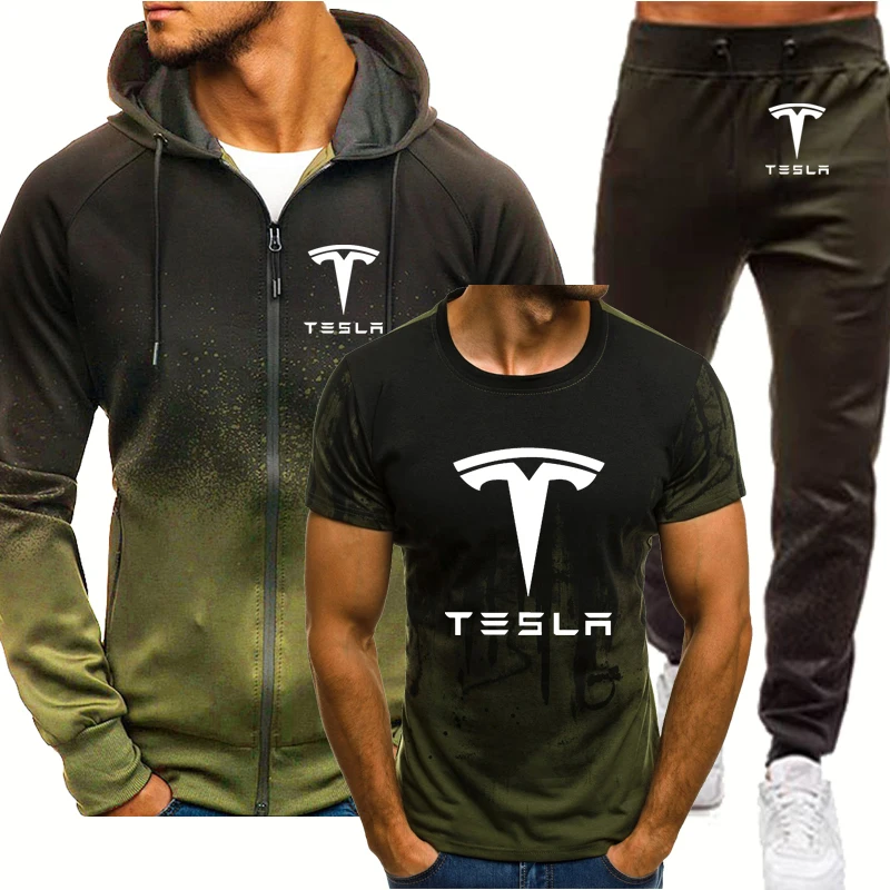 Pavasarį, Rudenį, vyriški kostiumai Tesla automobilio Logotipas Spausdinti Atsitiktinis Aukštos Kokybės Medvilnės Vyrų palaidinukė+T-shirt+sporto kelnės 3-piece set