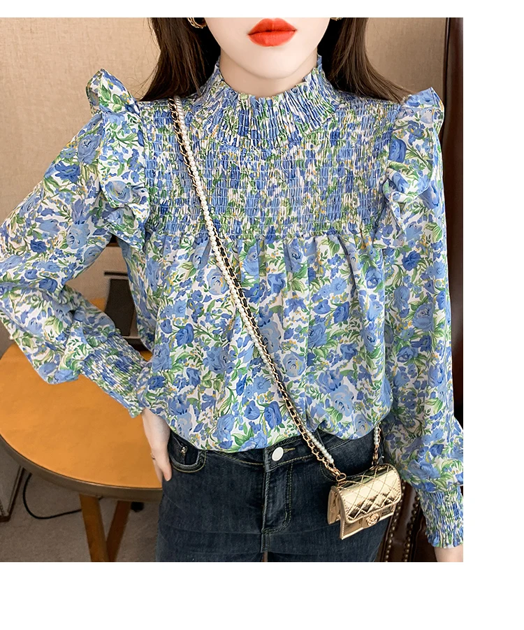Rudenį naują super pasakų prancūzijos gėlių šifono marškinėliai striukė moteriška stand-up apykaklės dizaino prasme nišą sluoksniuotos rankovėmis visų rungtynių marškinėliai