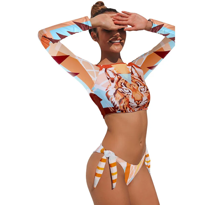 Sporto ilgomis rankovėmis swimsuit moterys Derliaus spausdinimo bikini komplektas Seksualus viršuje, maudymosi kostiumą, Elegantiškas paplūdimio drabužiai Mazgas aukštos sumažinti maudymosi kostiumėliai moterims