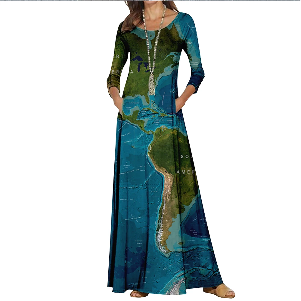 Tarpvalstybinės naujas moterų pasaulio žemėlapis atspausdintas apvalios kaklo plonas suknelė