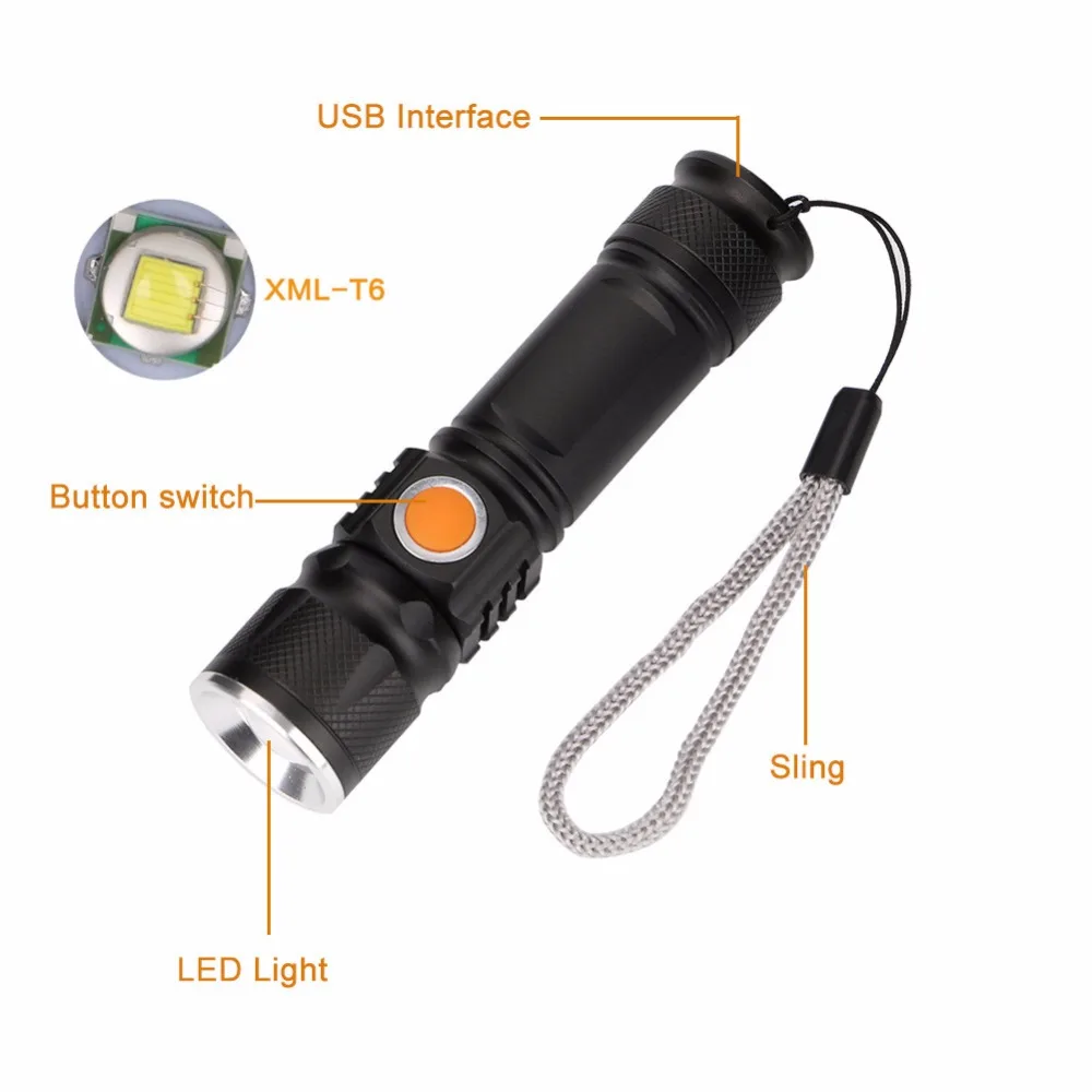 USB žibintuvėlis Pastatytas Baterija XML T6 LED Žibintuvėlis Įkraunamas Vandeniui USB Flash Šviesos Žibinto Lempa Linternas su 18650