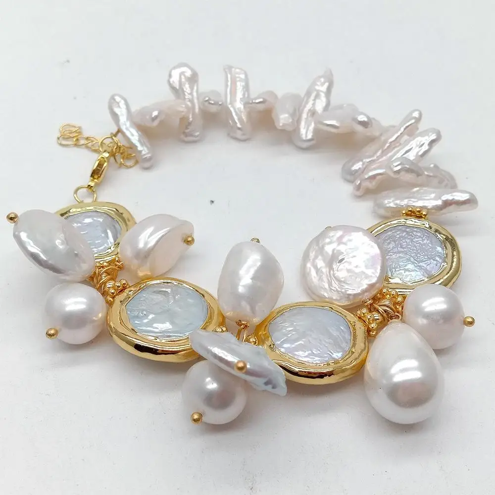 YYGEM Natūralių Gėlavandenių Baltųjų Biwa Perlų Monetos Keshi Perlų Sea Shell Perlų Apyrankė 8